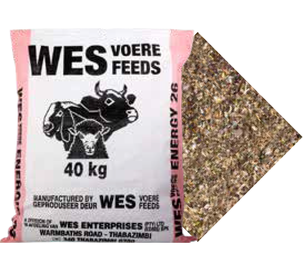 40kg bag of Wes Feeds Energy Lick 26 with white and pink packaging.