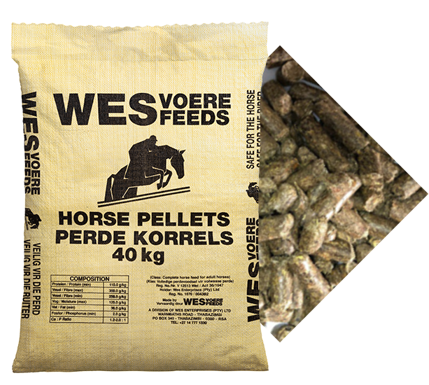 40kg of Wes Feeds horse pellets in a yellow bag against a white background.